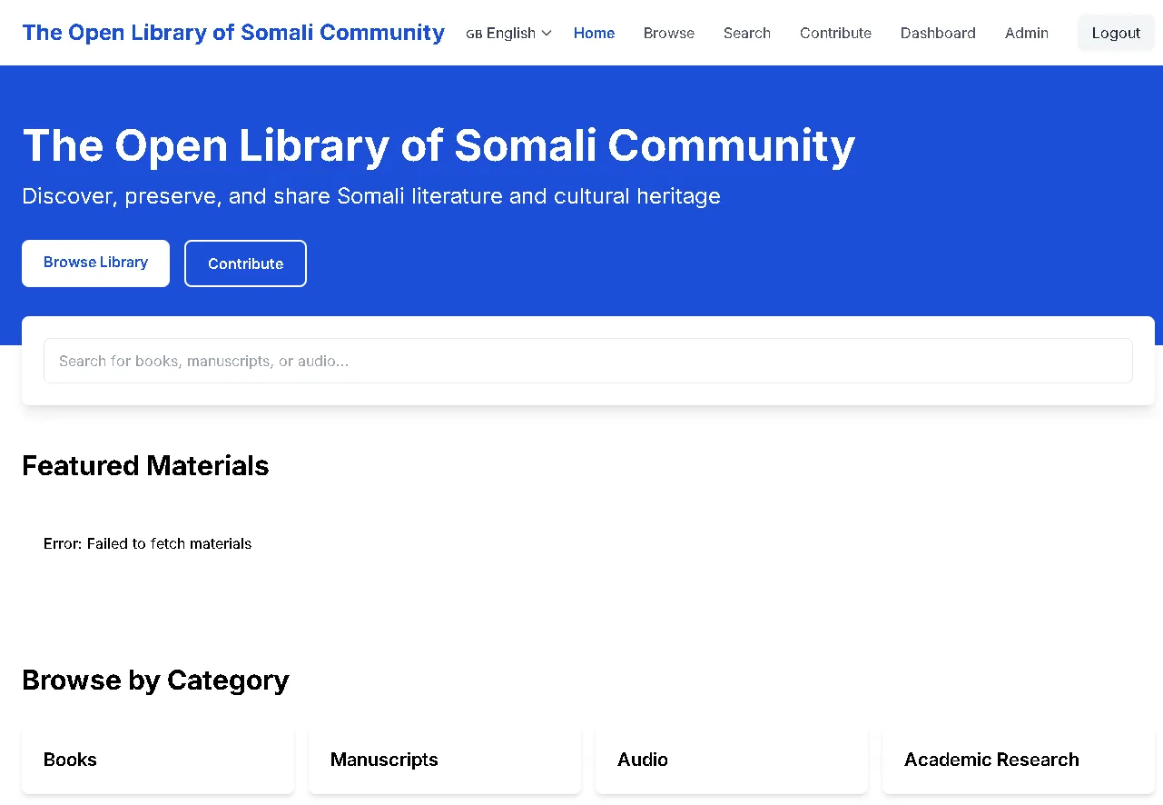 The Open Library of Somali Community — live site preview